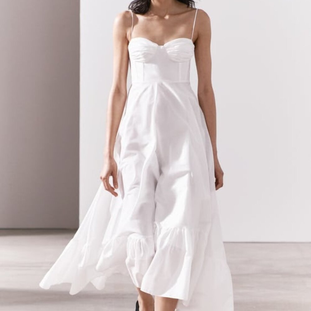Zara ZW Collection Ruffled Poplin White Maxi Dress - Small